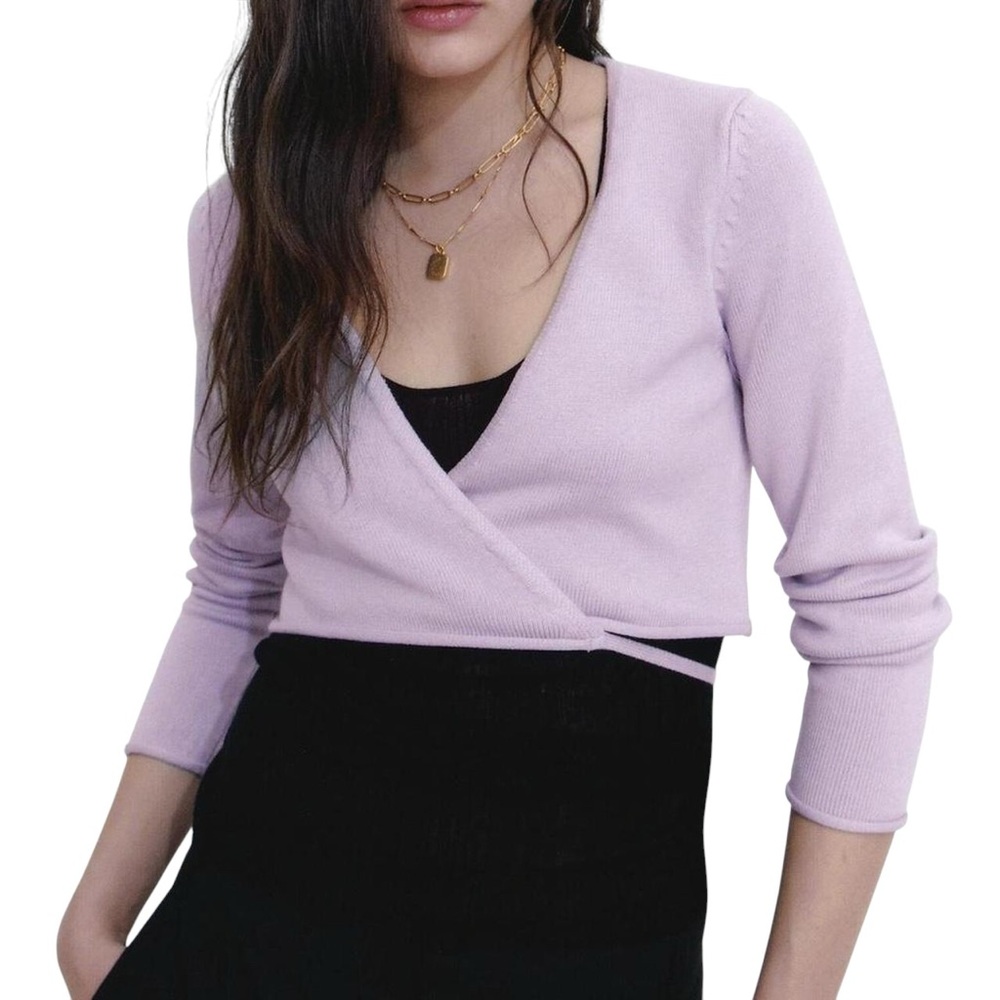 Zara Lavender Purple Cropped Ballet Wrap Sweater Top - M